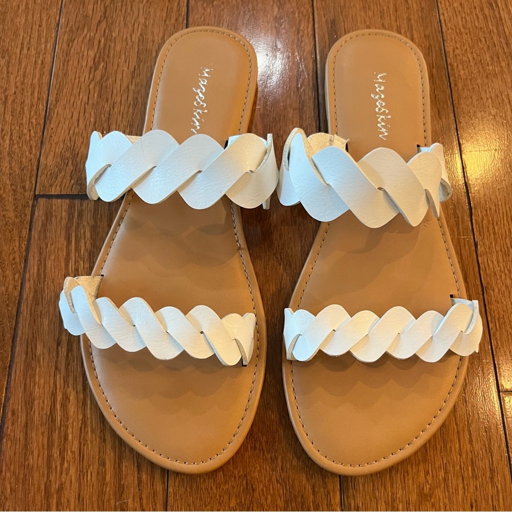 White Slide Flat Sandals Size 8 Two Braid Band Memory Foam‎